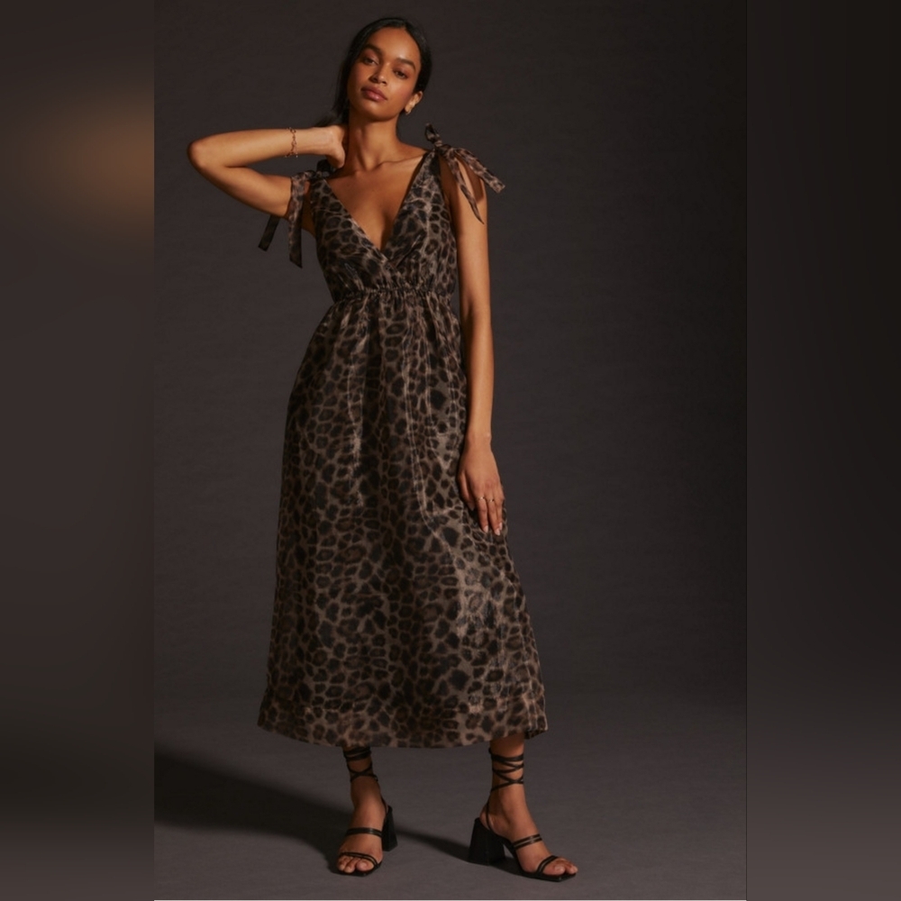 Anthropologie Daniel Rainn Organza Leopard Print V-Neck  Maxi Dress Size S - Picture 4 of 15